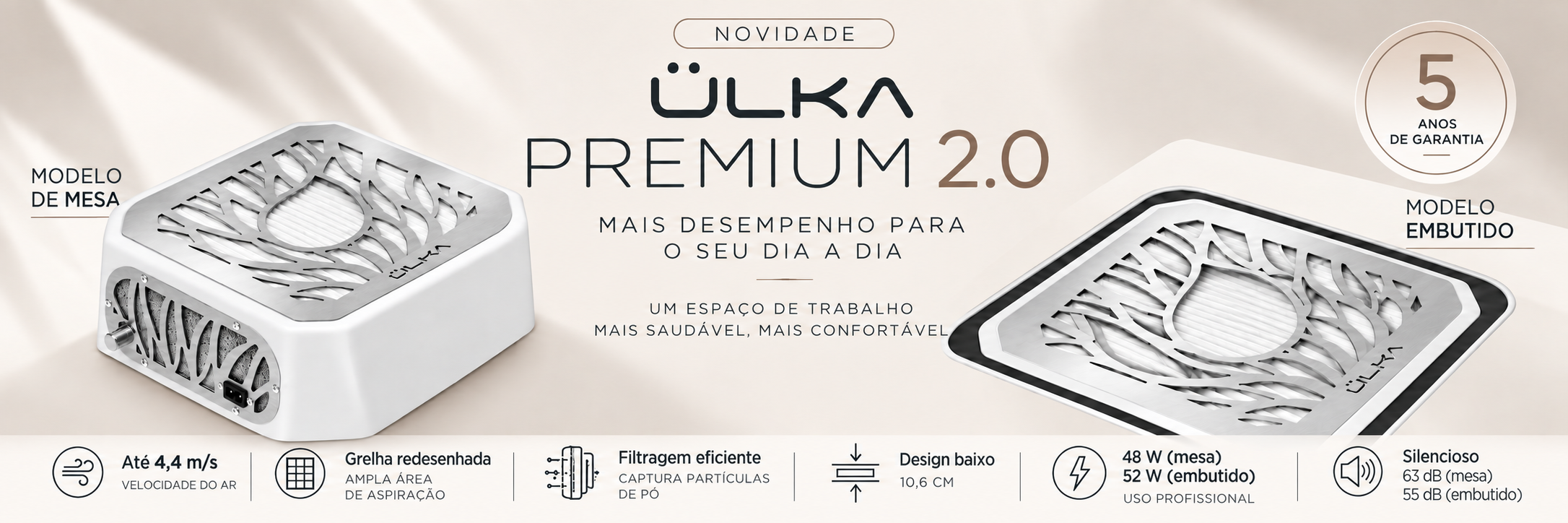 ÜLKA Premium 2.0 - Novo aspirador de manicure profissional 2026, de mesa e embutido, 4,4 m/s, filtro HEPA, grelha redesenhada, garantia de 5 anos